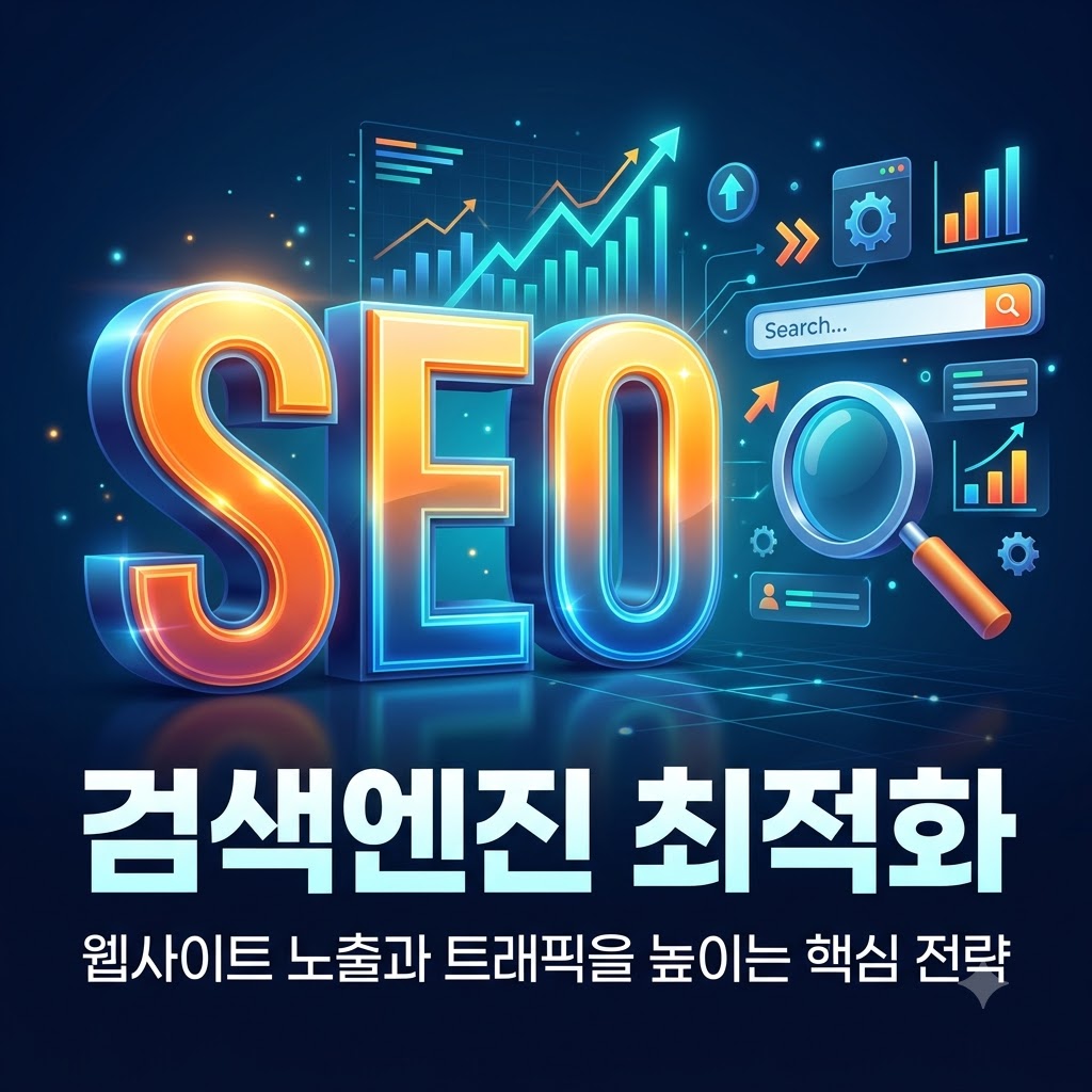 SEO 검색엔진 최적화 글자와 돋보기, 그래프 그림