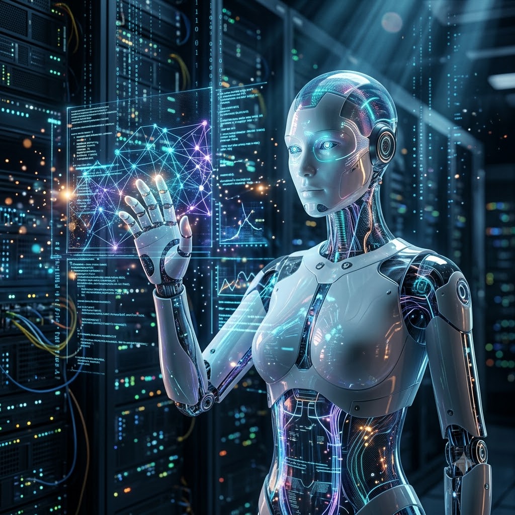 서버 앞에서 화면을 만지는 로봇 그림